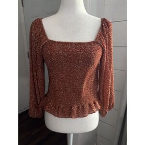 Bohme Blouse Womens Medium Rust Smocked Square Neck Peplum Cottagecore Prairie